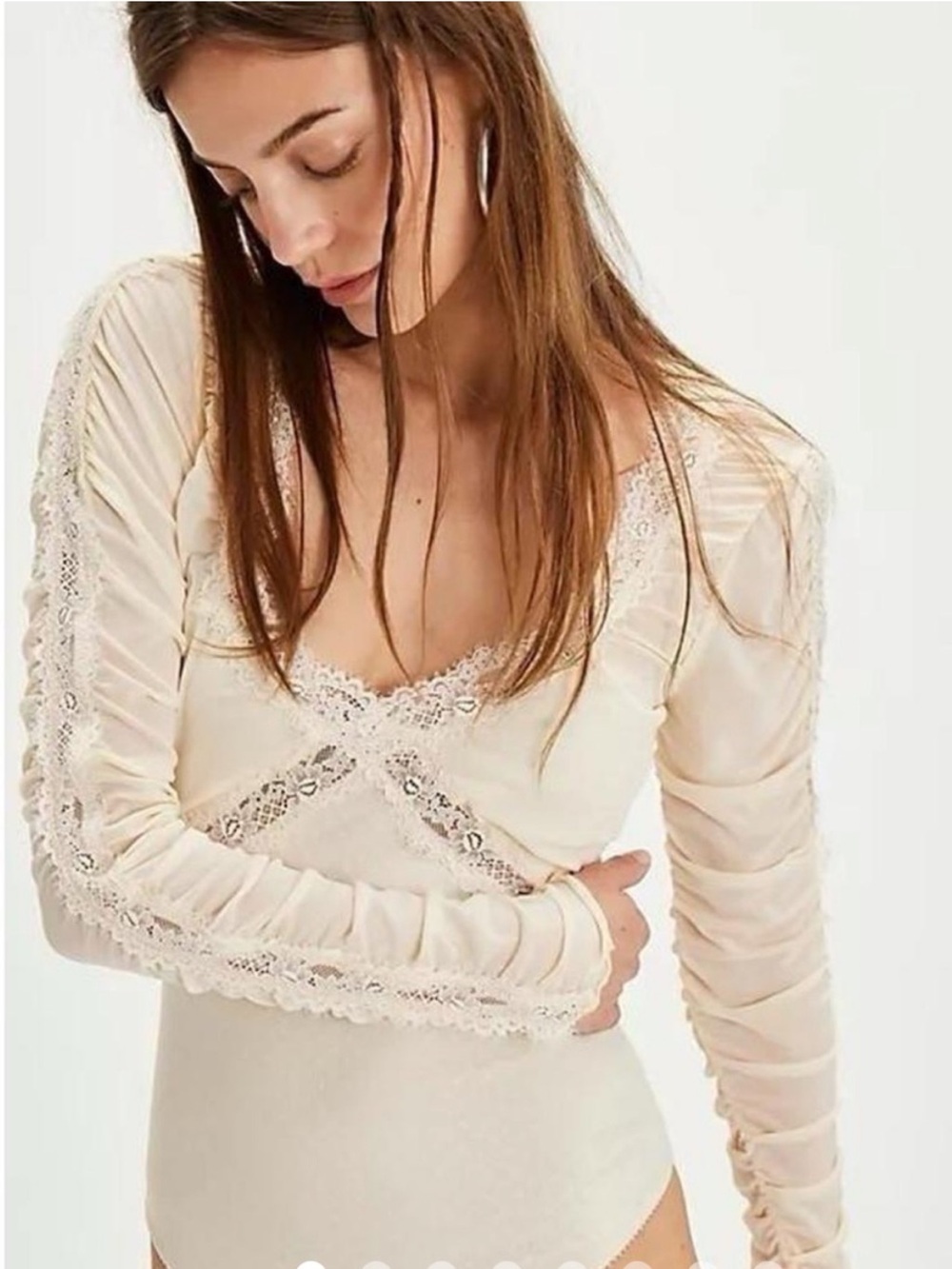Free People Ivory Lace-Trim Long Sleeve Bodysuit